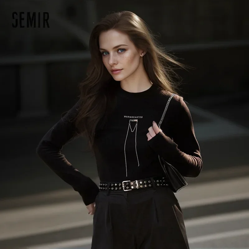 Semir T-shirt Women Black Simple Design 2024 Spring Winter Long-sleeved  New Style Personalized Round Neck Casual Tee shirt