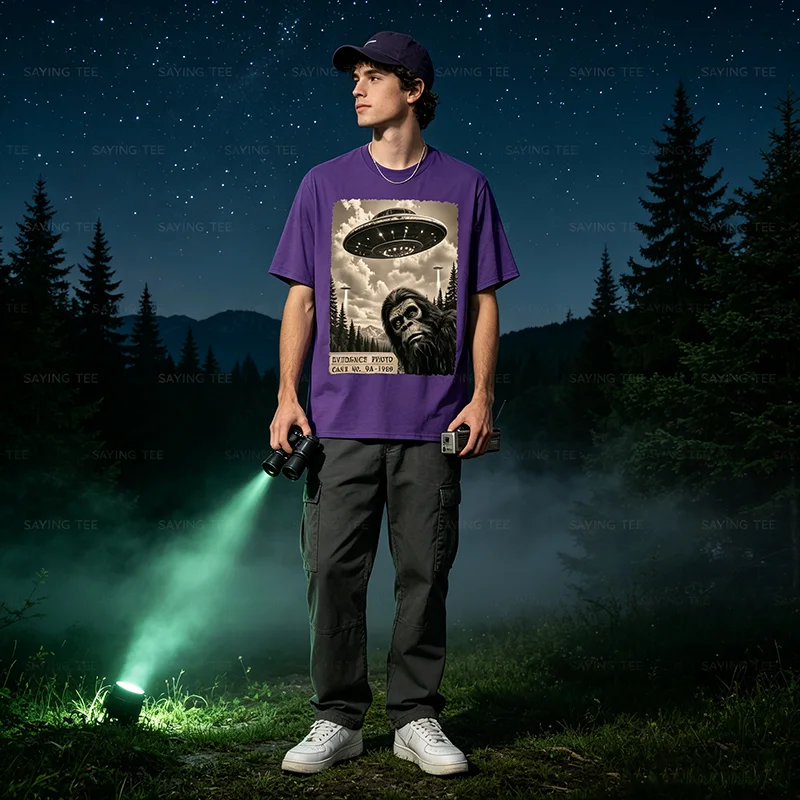 Y2K Jungenmode Lustiges Bigfoot-Grafik-T-Shirt Alien UFO Vintage Beweisfoto T-Shirt Humor UFO Sasquatch Believers Grafik-T-Shirt – Detail 4