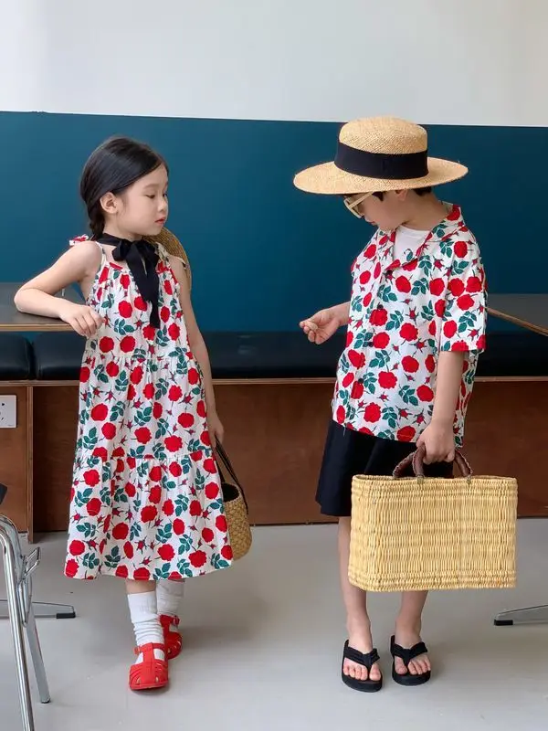 Siblings Outfit Children Summer Girls Retro Floral Suspender Dress Boys Short Sleeved Floral Shirt Set Siblings Outfit