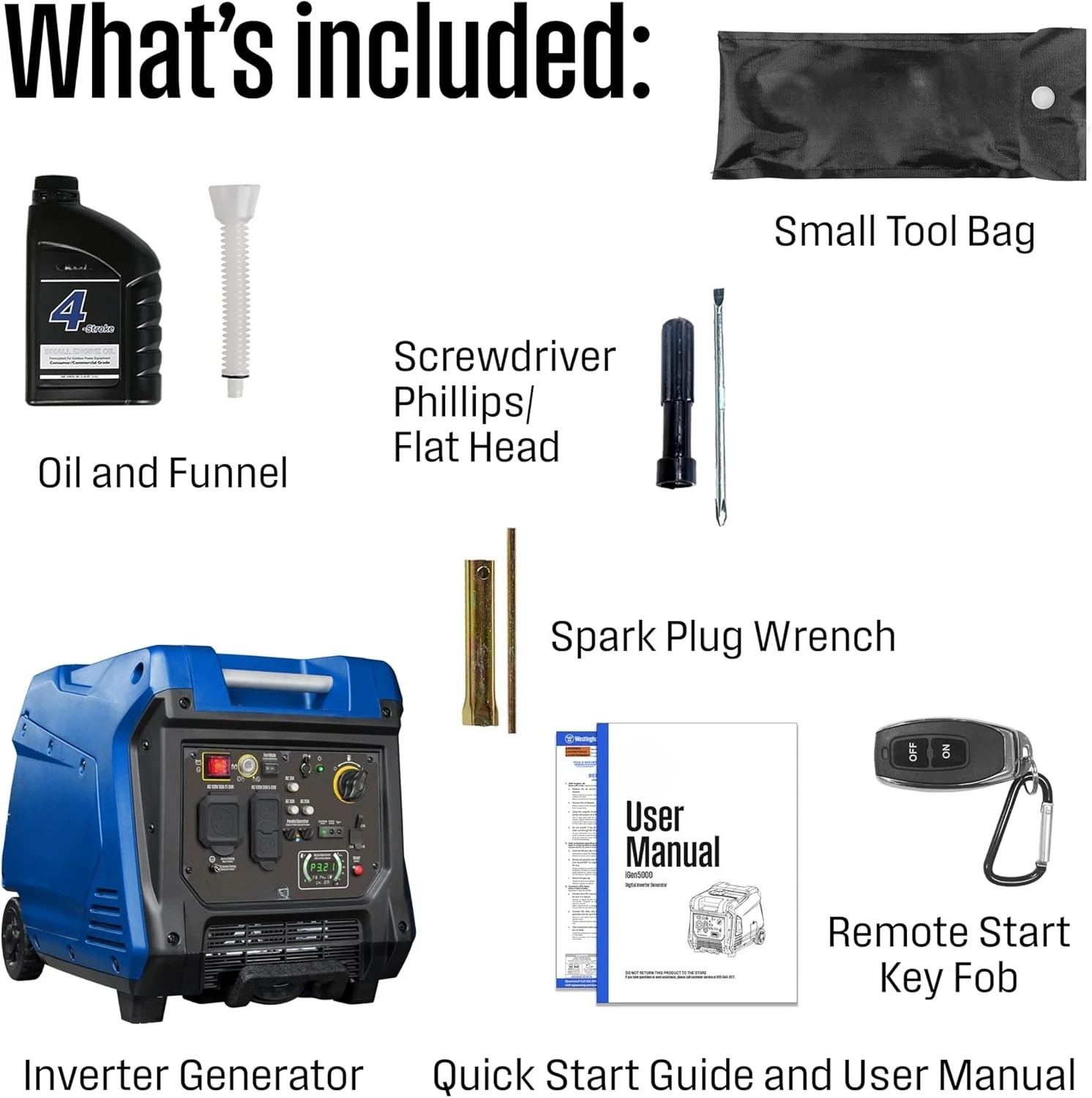 Generator Inverter Portabel Super Tenang 5000 Watt Puncak, Start Elektrik Jarak Jauh dengan Kit Tersedak Otomatis, Roda & Pegangan