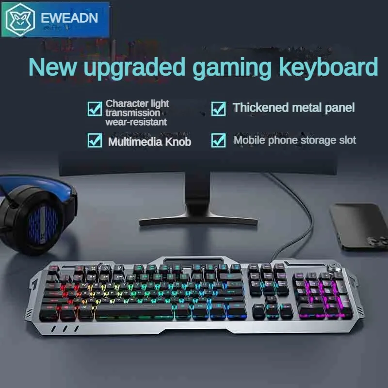 

EWEADN GX810 Wired Metal Keyboard RGB Mechanical Feel Ergonomics Gaming Office Multifunctional Knob Keyboard with phone Holder