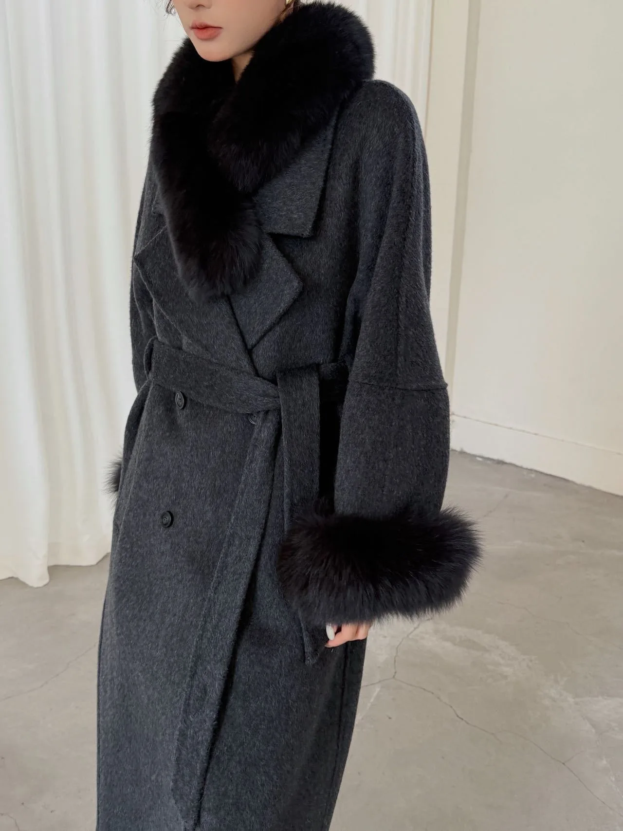 OFTBUY Damen-Wollmantel, lang, mit doppelter Knopfleiste, aus Wolle, mit echtem Fuchspelzkragen, neues Wintermodell, elegante Oberbekleidung für Damen. – Detail 11