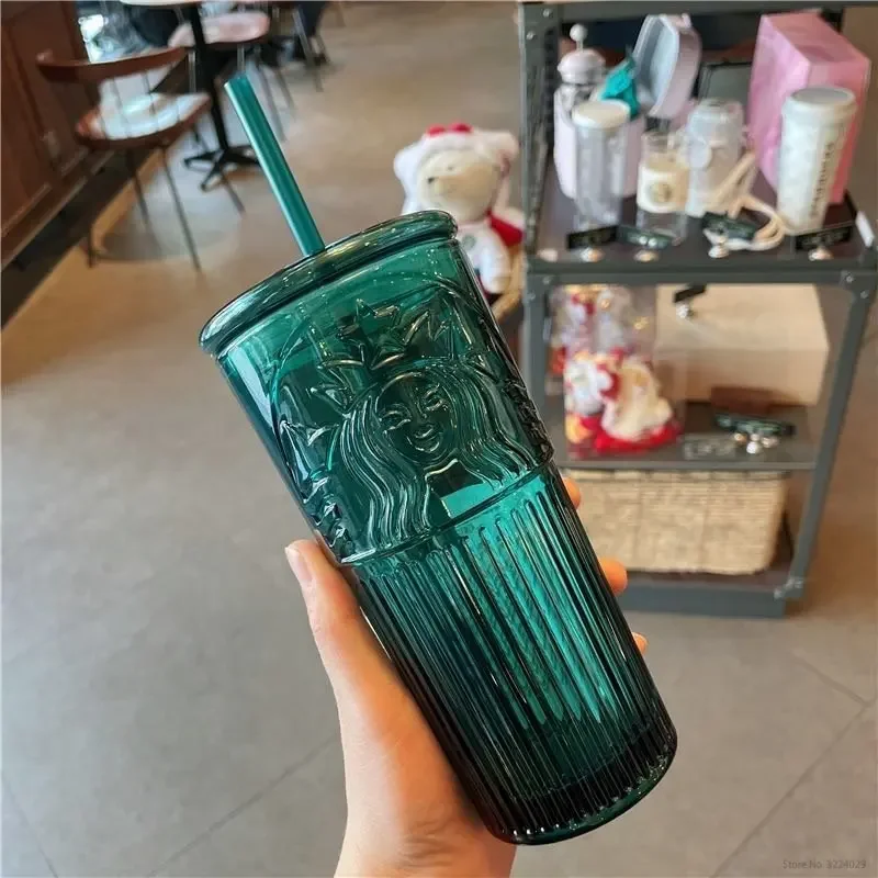 green color Mermaid print straw cup drinkware Large capacity 550ml Lead-free glass cups with lid and straw