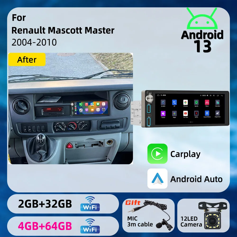 6.86 inch Android 1Din Car Screen Car Multimedia Autoradio Radio Head Unit Stereo for Renault Mascott Master 2004-2010 Carplay