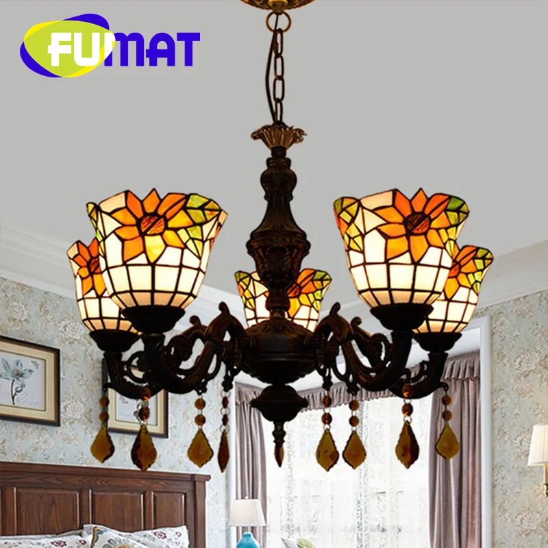 FUMAT Tiffany style stained glass American Sunflower five head crystal Pendant lamp Living room Dining Room Bedroom bar decor