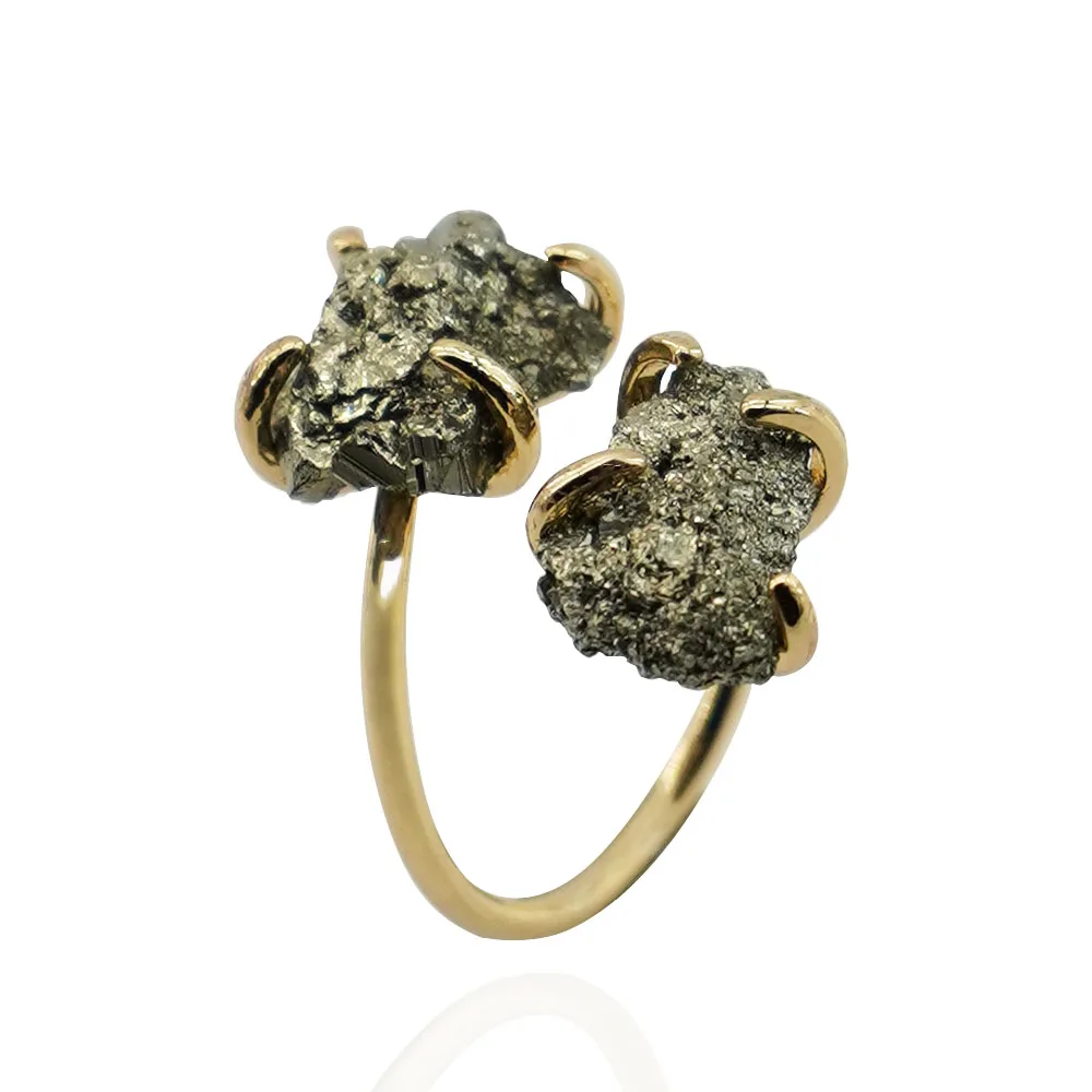 Irregular Pyrite Open Cross Ring for Women Girls Claw Setting Gold-color Boho Natural Stone Finger Jewelry Resizable