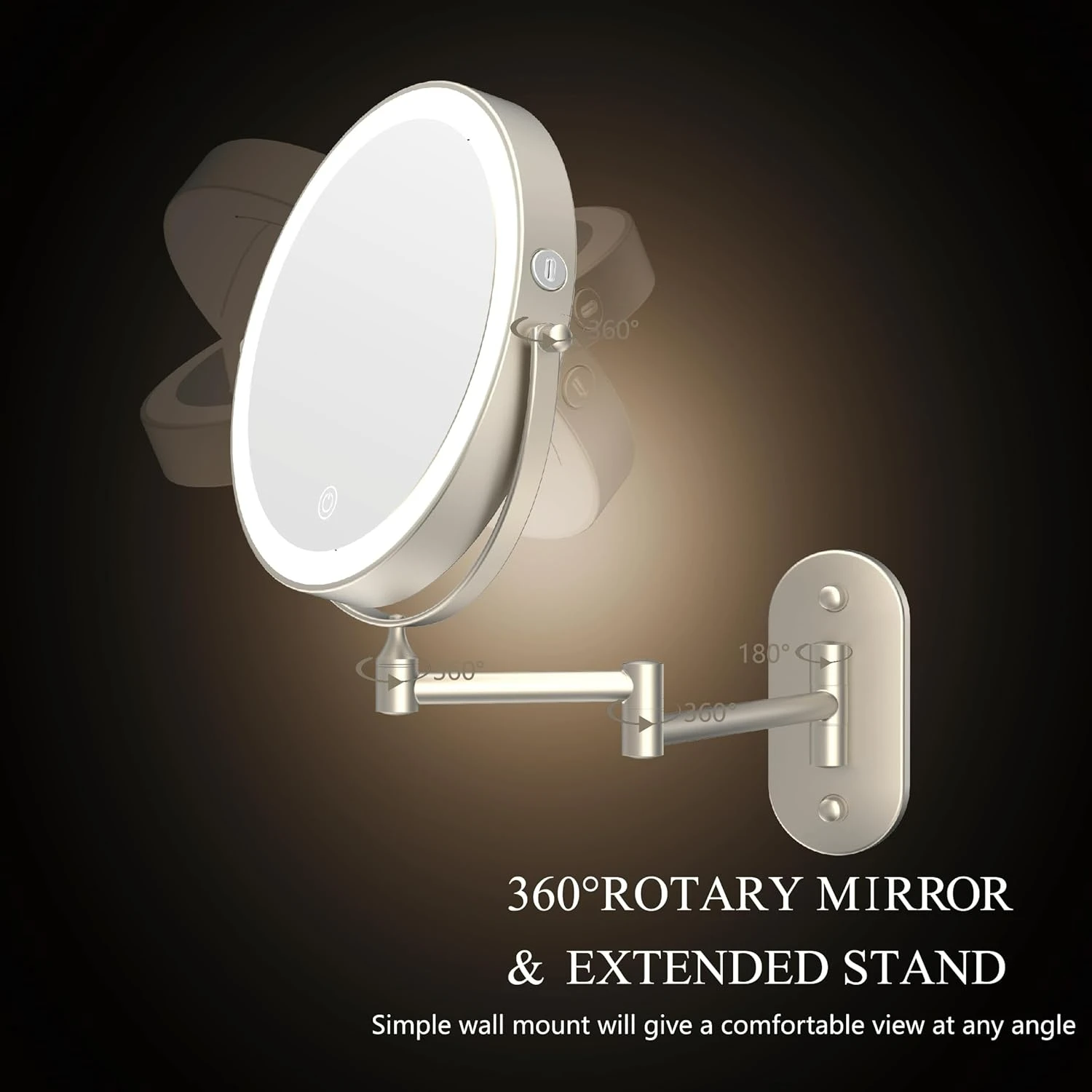 Rechargeable Wall Mounted Lighted Makeup Vanity Mirror, 8" with 1X/10X Magnification, 3 Color Lighting, Touch Screen Dimming, 36