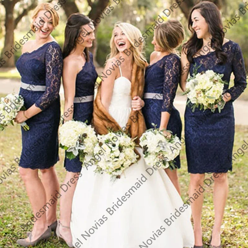 

Knee Length Navy Blue Lace Bridesmaid Dresses Wedding Party Dress Robe Mariage Invite robe demoiselle d'honneur de mariage