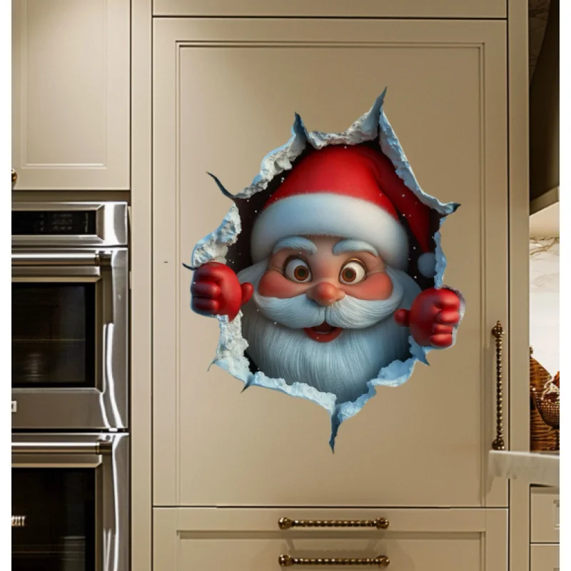 Christmas 3D Break Wall Santa Claus Wall Sticker Self Adhesive Removable 2027 Xmas Decor Bedroom Home Window Navidad Party Decor