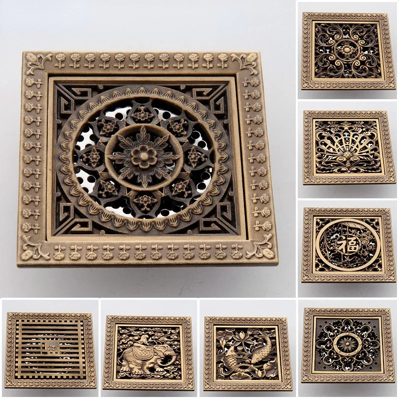 Floor Drains 12*12cm Brass Anti Odor Bathroom Shower Drain Square Anquite Floor Drain Cover Grate Waste banheiro acessórios