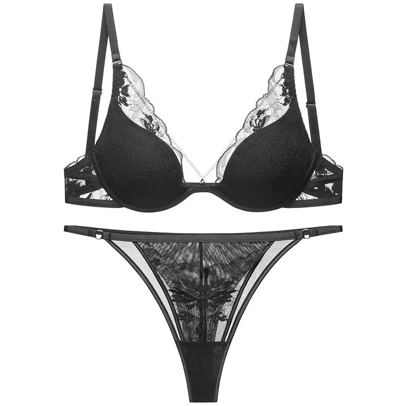 Logirlve French Thin Women Lingerie Set Sexy Satin Lace Splicing Comfort Bras Print Temptation Bra and Thong Sets Underwear