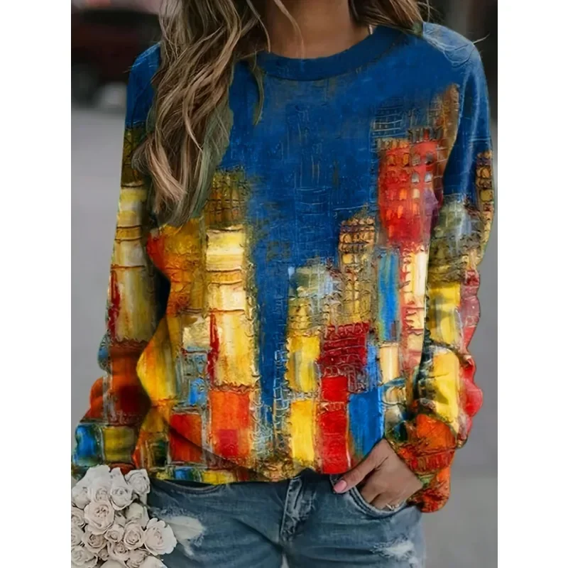

Плюс размер 1XL-5XL, новая осенняя женская модная свободная повседневная спортивная толстовка с круглым вырезом и принтом, с длинными рукавами