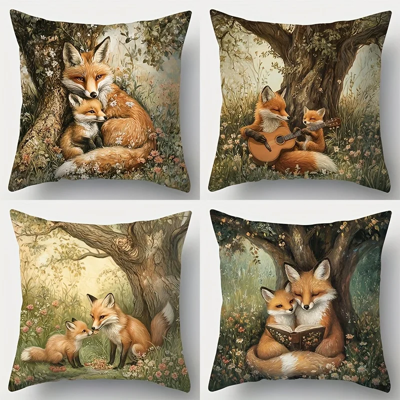 Adorable Fox Family Woodland Print Throw Pillow Case Cover Set Animal Nature Decor Cushion for Home Bedroom Living Room 4pcs 40x