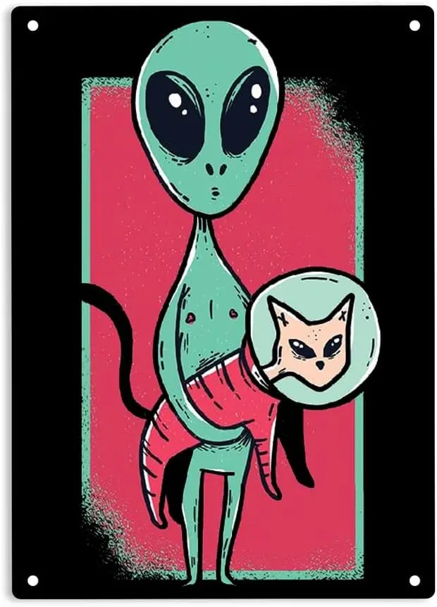 Space Alien Cute Cat Sign Metal Tin Sign, Outer Space Poster for Home Office Bedroom Bars Pub Man Cave Wall Decor Plaque Sign