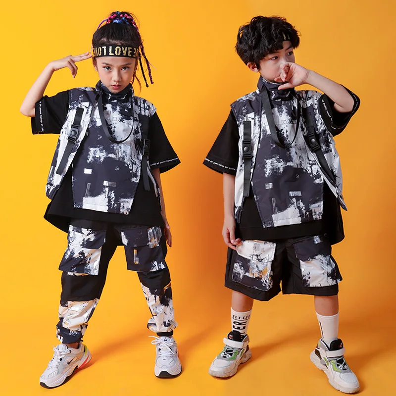 Pakaian Hip Hop anak, Turtleneck jaket tanpa lengan atasan Camo celana kargo taktis untuk anak perempuan anak laki-laki kostum tari pakaian jalan