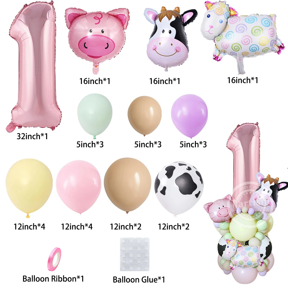 27PCS Carton Farm Animal Balloon Tower 32inch Foil Number Balloon Girl\'s Farm Animal Birthday Party Supply DIY Party Decoration