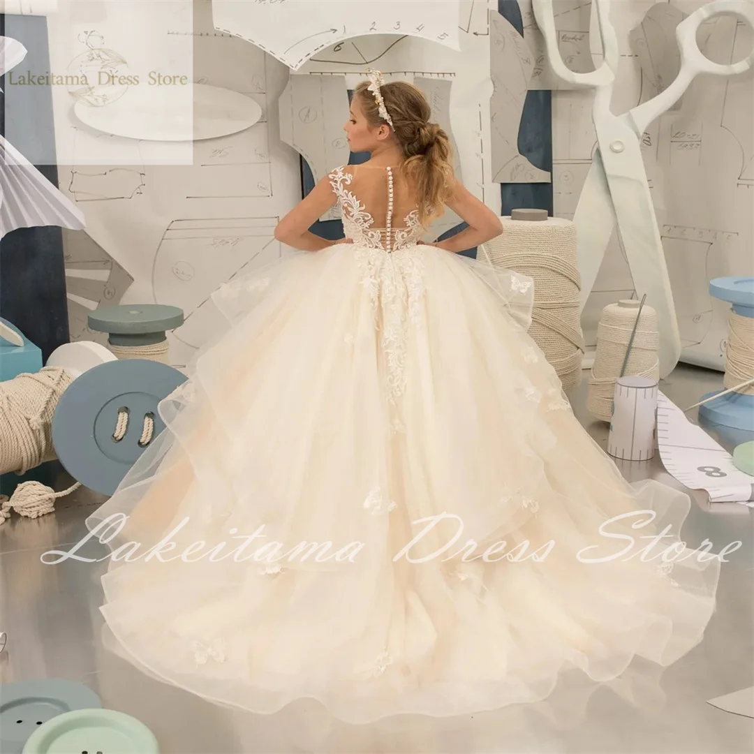 Elegant Beige Flower Girl Dress For Wedding Ruffles Tulle Sleeveless Puffy Baby Kids Birthday Ball Gown First Communion Dress