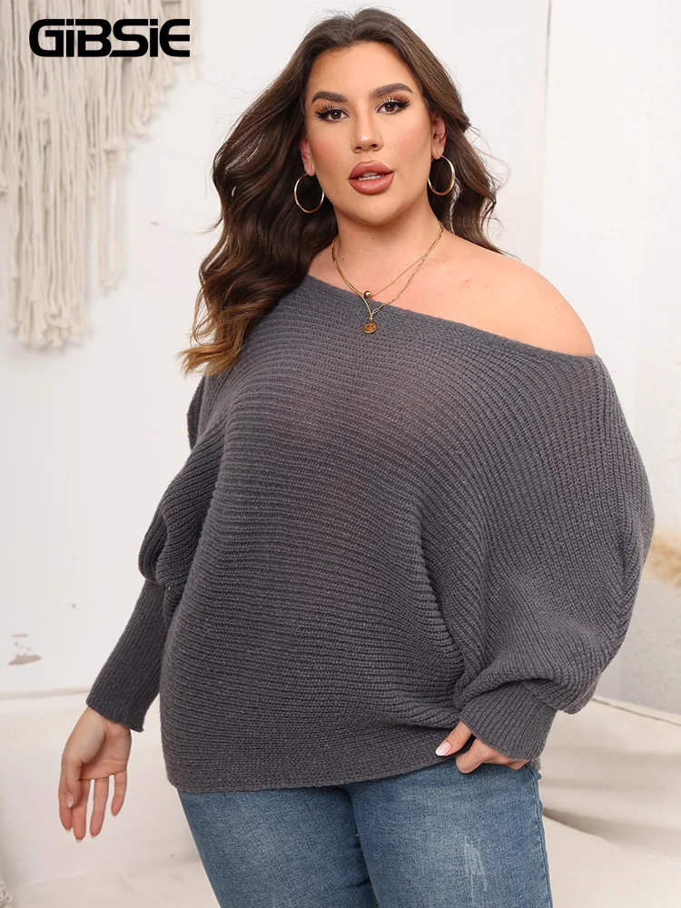 GIBSIE Plus Size bez ramion dzianinowy sweter damski 2023 jesienny Batwing z długim rękawem luźny pulower na co dzień sweter dla kobiet