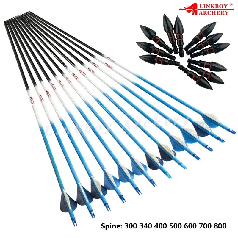 Linkboy 12pcs Carbon Arrow SP800 ID6.2mm 2inch Plastic Vane Insert Nock 75gr Tips Compound Bow Hunting Shooting