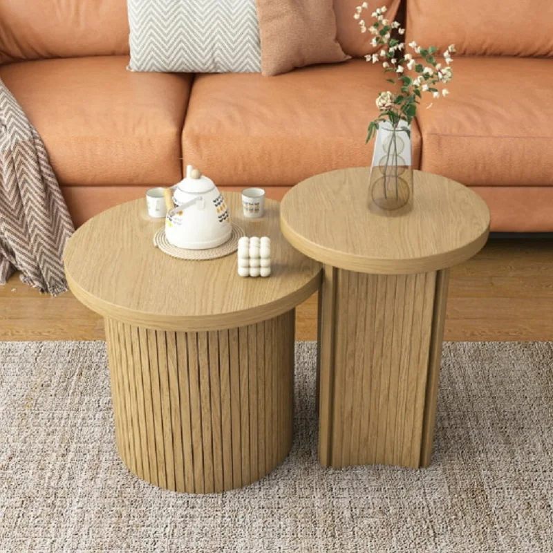 

Cross-border round coffee table set 2 pieces wooden groove coffee table with storage space beverage table