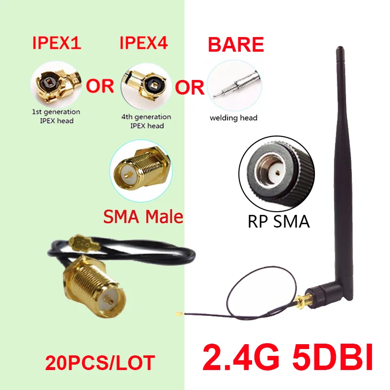 

EOTH 20 шт. 2,4g антенна 5dbi sma разъем Wi-Fi bluetooth 2,4 ГГц маршрутизатор ipex1 4 MHF4 Naked SMA разъем удлинитель 21 см кабель iot