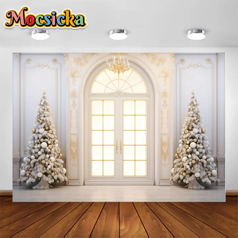 Christmas White Window Background For Photography Exquisite Wall Xmas Tree Gift Box Decor Kids Family Portrait Photo Backdrops