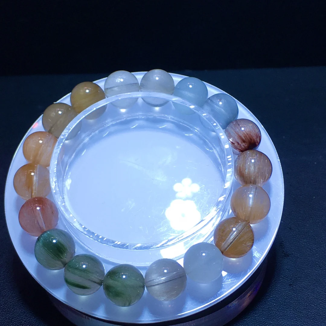 Natural Colorful Rutilated Quartz Bracelet 10.8mm Rabbit Rutilated Clear Round Women Bracelet AAAAAAnbow