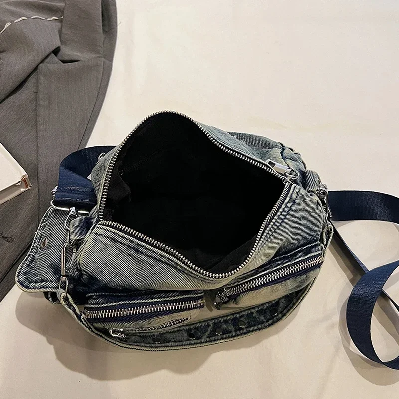Advanced Feeling Multiple Pockets Vintage Denim Shoulder Bag Leisure Time High-capacity Versatile Practical Single Crossbody Bag