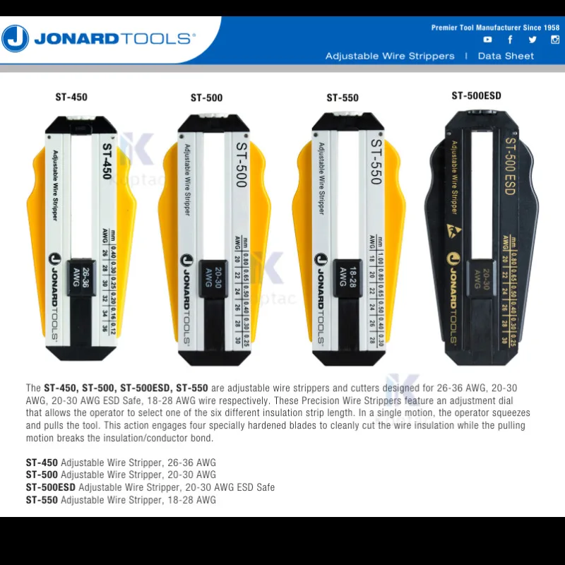 JONARD TOOLS Adjustable Wire Stripper ST-450 ST-500 ST-550 ST-500ESD Cable Strippers Stripping Tool Wire Strippers & Cutters