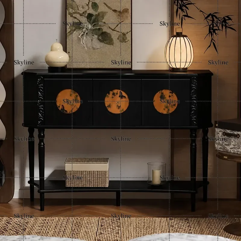 French Retro Solid Wood Entrance Cabinet New Chinese Style Black Fragrant Cloud Yarn Entryway Table Living Room Corridor