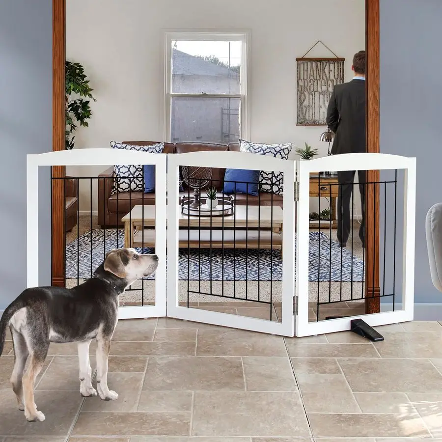 

Freestanding Dog Fence Indoor, Foldable Dog Gate for Doorways, Stairs or Hallways, Sturdy Wood Extra Wide Pet Gate with Support
