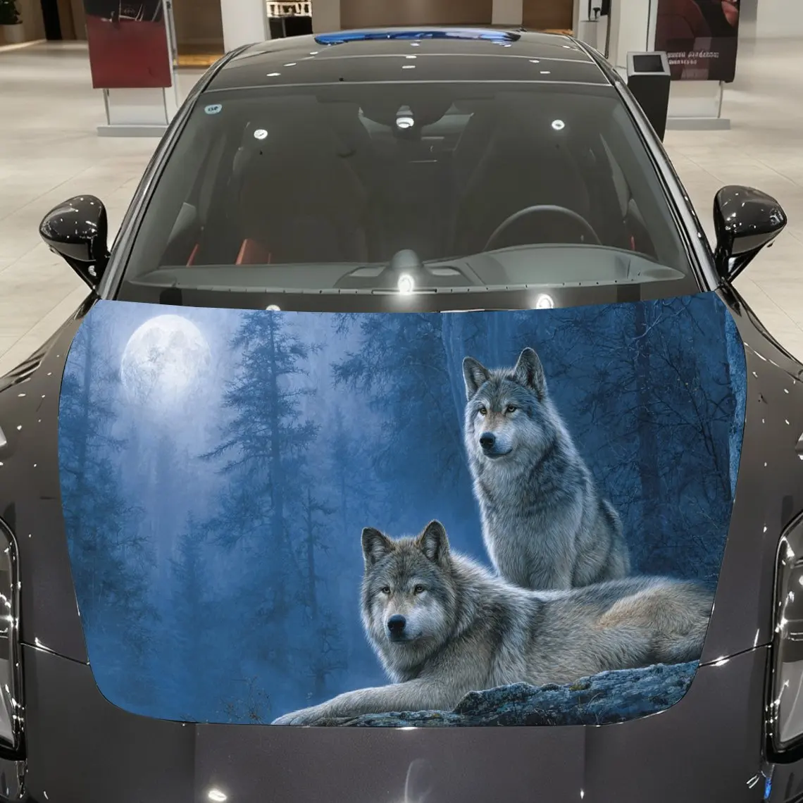 Car Decals A Pair of Wolves In Blue-Tonal Forest Scene Close - Up With Dynamic Postures, Intricate Fur Textures And Engaging Vis