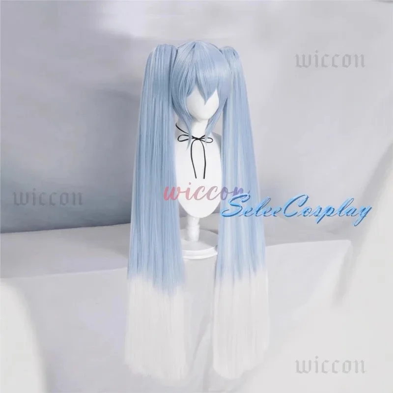 Picture 4: wiwiwi 123Virtual Singer Cosplay Wig Colored Miiku Long Light 44inch Blue Gradient White Hair Clips 2 Ponytails Synthetic