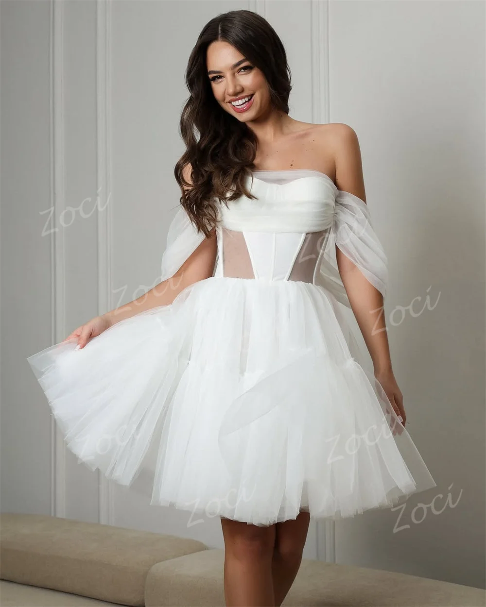 Zoci morbido tulle corto abito da sposa da spiaggia senza spalline mini una linea abiti da festa corsetto posteriore Rochie De Mireasa personalizzato