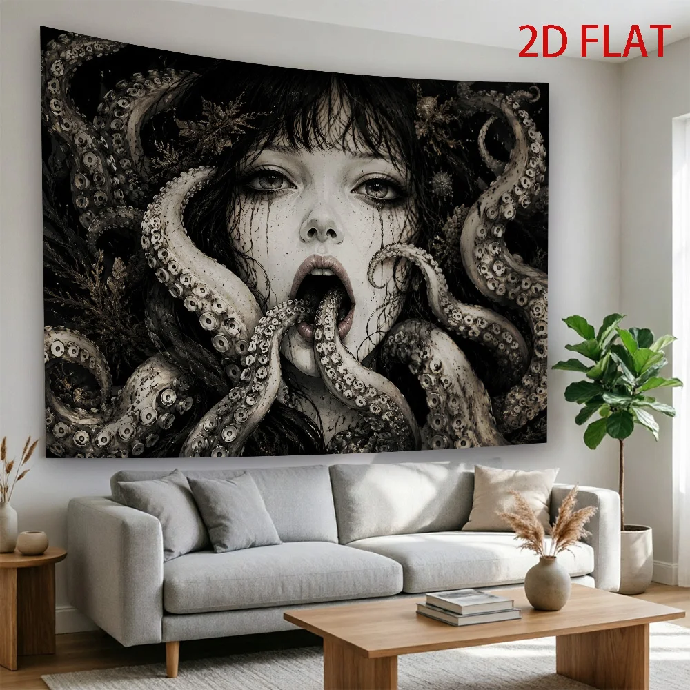 Octopus Siren Girl Tapestry, Gothic Woman With Tentacles Vintage Dark Print Wall Hanging for Bedroom Living Room Dorm Home Decor