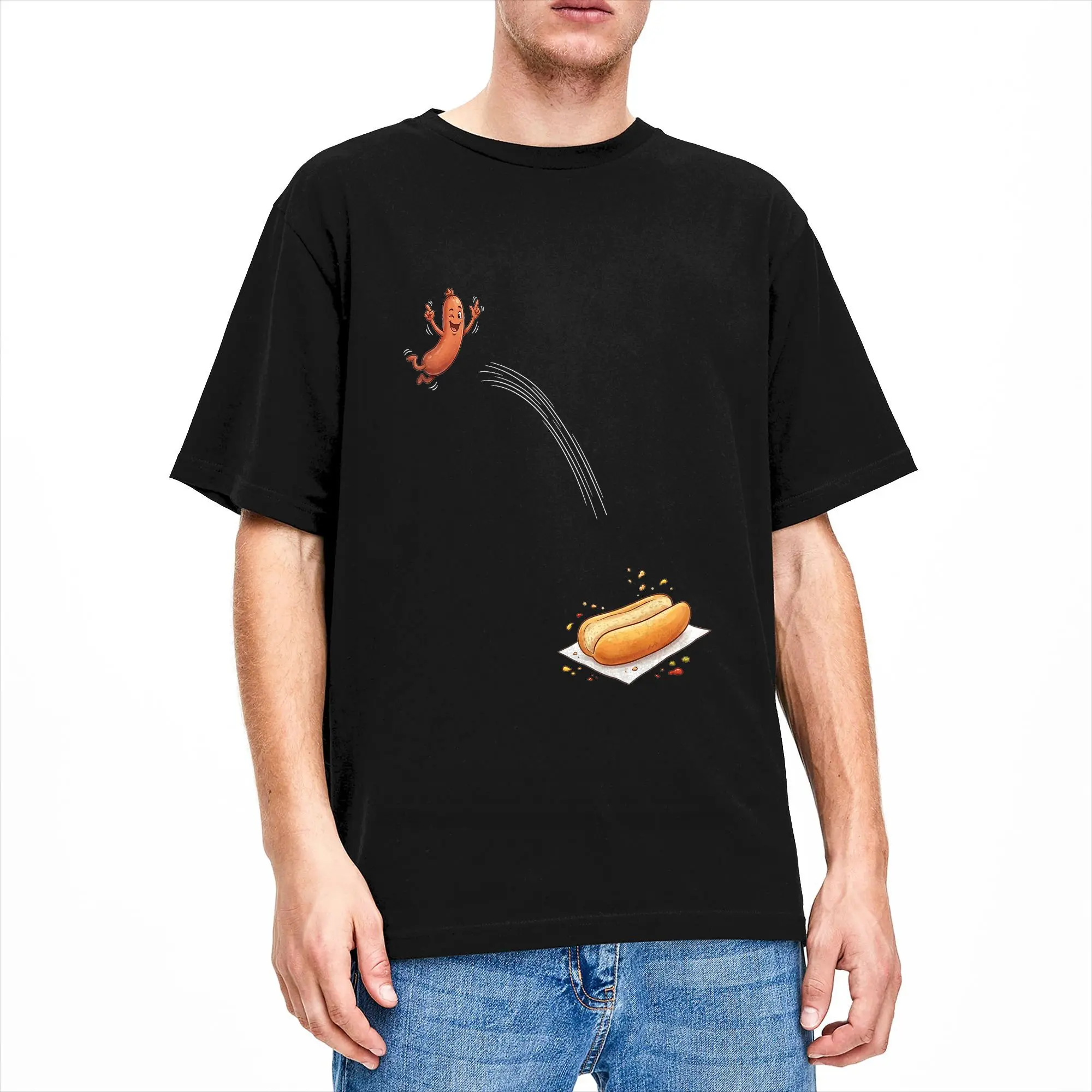 Hot Dog Jumping Into Bun T-Shirt Beach  Popular T Shirts Adult Cotton Breathable Oversized Tees Short-Sleeve Streetwear Tops