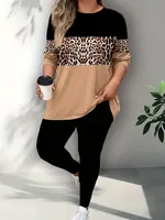 Plus Size 1XL-5XL Women Fashion Leopard Print Two Piece Set Outfit Ladies Casual Long Sleeve Contrast Color Tops and Pants