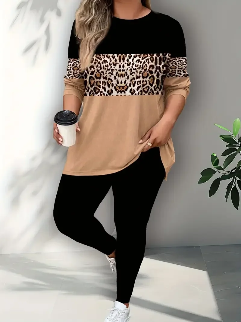Plus Size 1XL-5XL Women Fashion Leopard Print Two Piece Set Outfit Ladies Casual Long Sleeve Contrast Color Tops and Pants