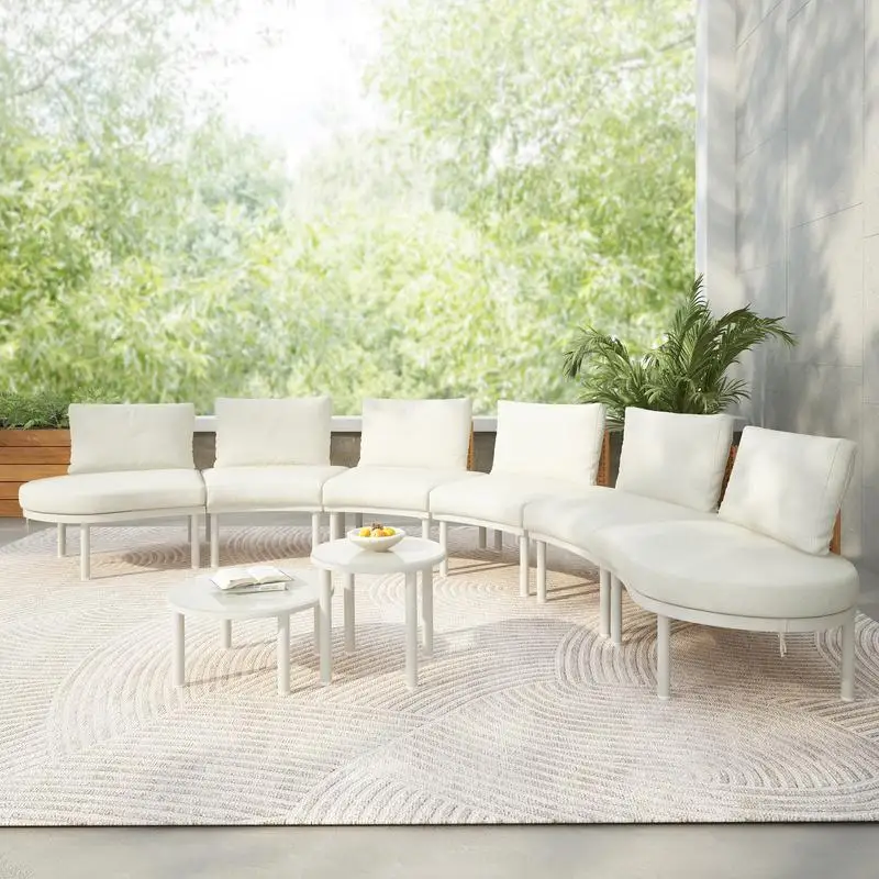 8-Piece Outdoor Sectional Sofa Set, Half Moon Design with 2 Adjustable Coffee Tables, PE Wicker Rattan, Tempered Glass,