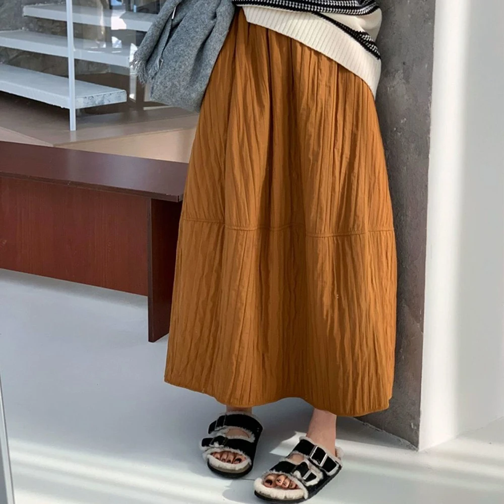 تنورة نسائية يابانية ذات نسيج مطوي للخريف والشتاء، تنورة برعم بالون جديدة غير رسمية، تنورة مظلة فانوس بكلمة واحدة