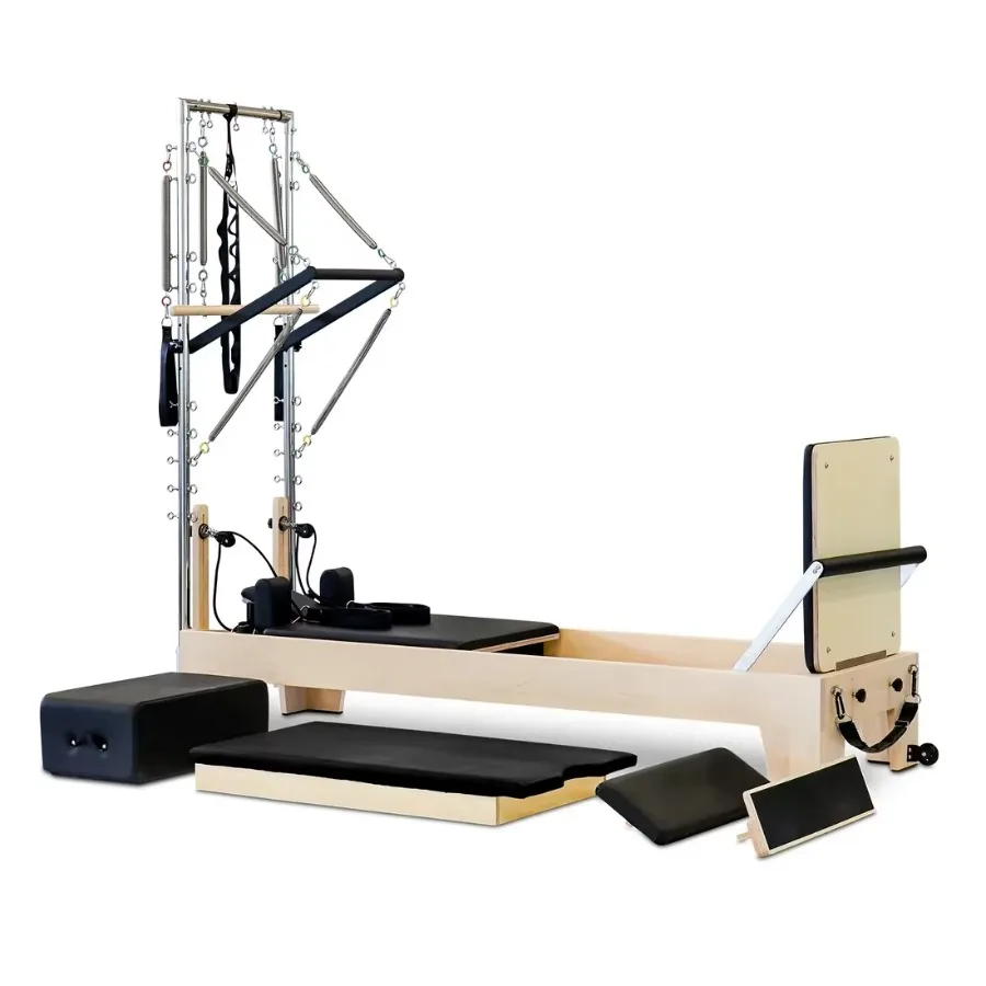 Durable 2-in-1 Pilates Reformer Machine Gym Fitness Equipment with Steel Wood Training Bed and Tower for Pilates Body Exercise