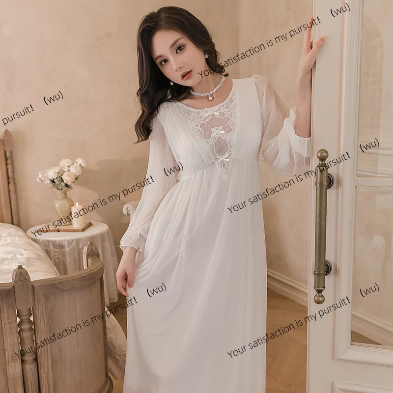 

Women's spring and autumn pajamas with chest pads 2025 new long-sleeved French princess style sweet modal lace nightdress