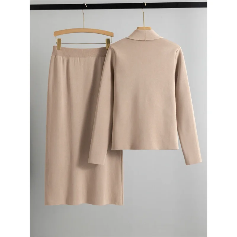 

Элегантный шикарный вязаный комплект из 2 предметов, женский трикотаж с лацканами и длинными рукавами, кардиган, топы, Conjuntos, однотонные юбки с высокой талией, наряд