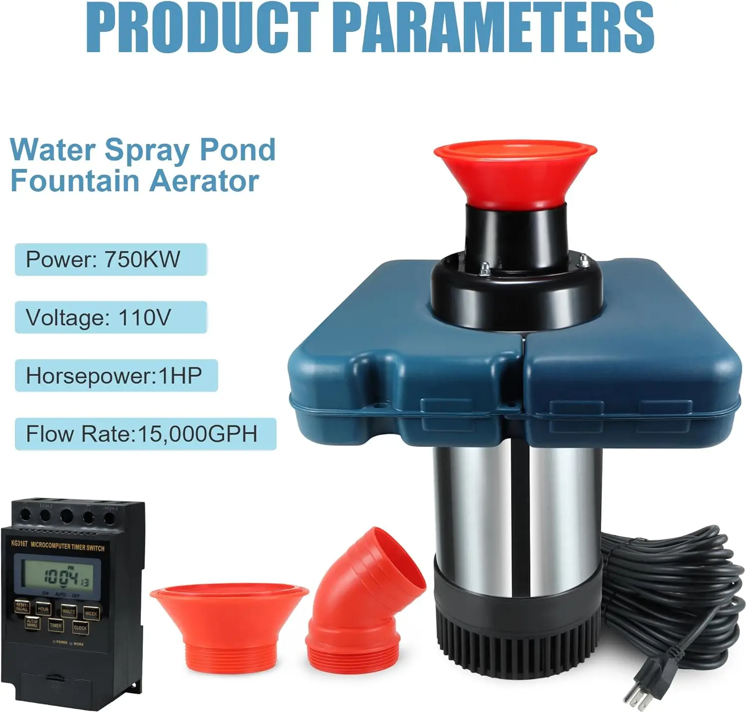 Pond Fountain Aerator 1HP 110V Stainless Steel Floating Fountain With 100 Feet Power Cord Aerating Fountain Pond Cascade Pump