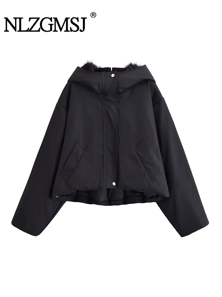 

NLZGMSJ Vintage Chic Women Splicing Hooded Jackets Solid Zipper Pockets Coats New Fashion 2025 Winter Outwears
