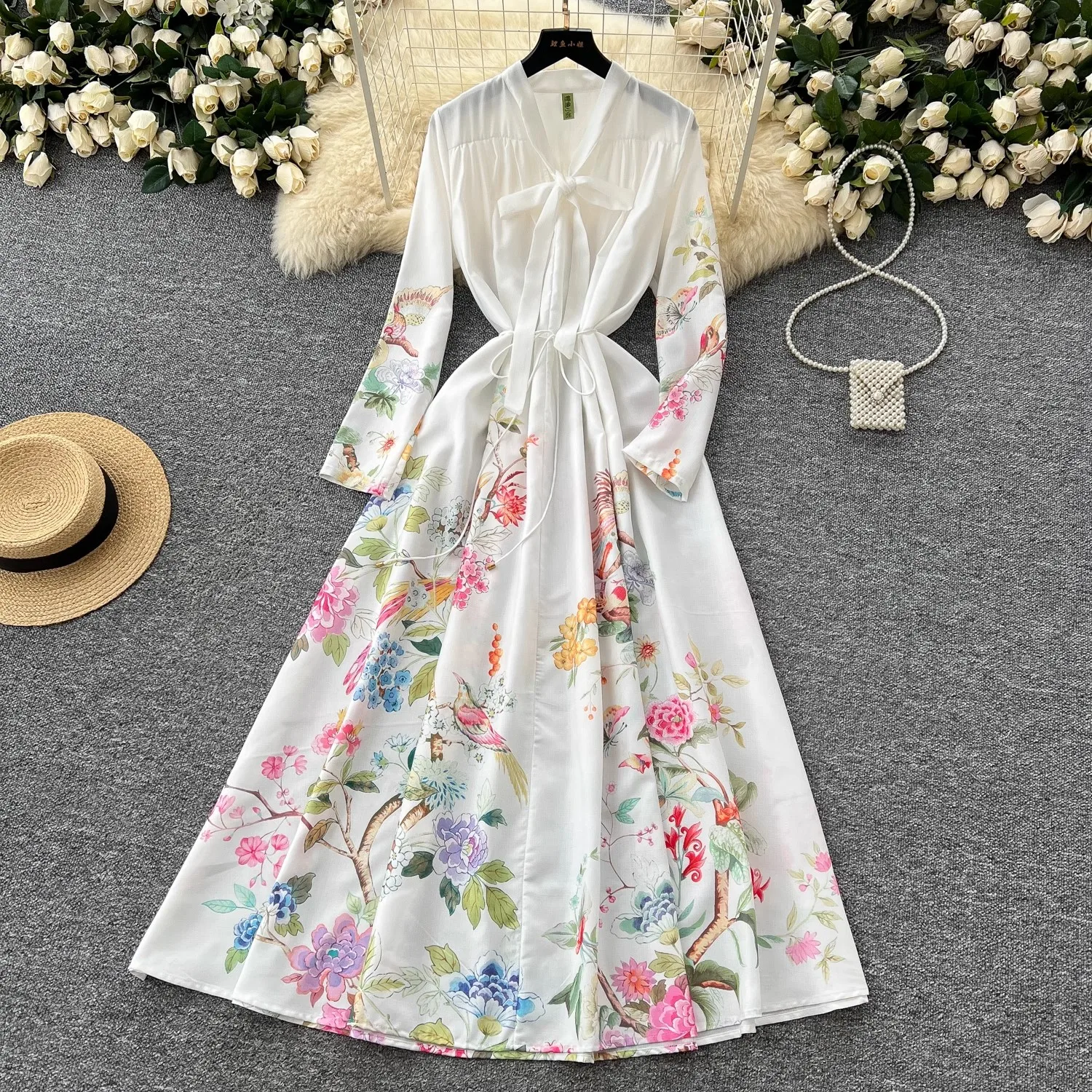 

2025 Spring Summer Runway Long Sleeve Maxi Dress Women's Bow V-Neck Floral Print Belt Lace Up A-Line Party Robes Vestidos