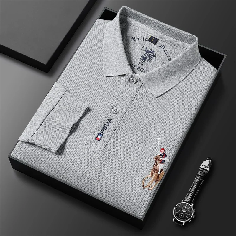 New Men\'s Casual Embroidery Long Sleeve Polo Shirt Fashion Solid Color Top