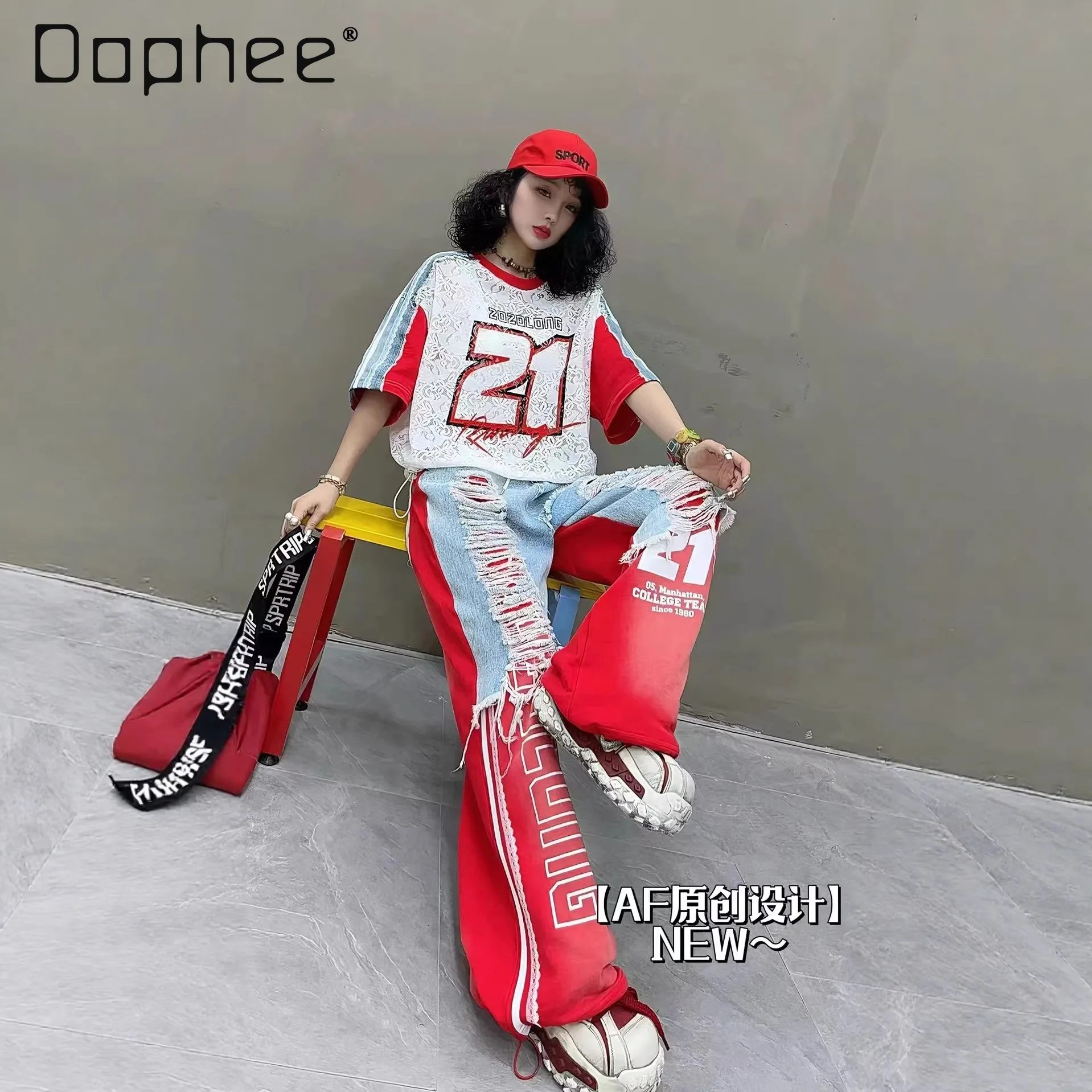 

European Trend Suit Women's 2026 Summer New Printed Splicing Denim Ripped Loose Short-sleeved Straight Pants Tide