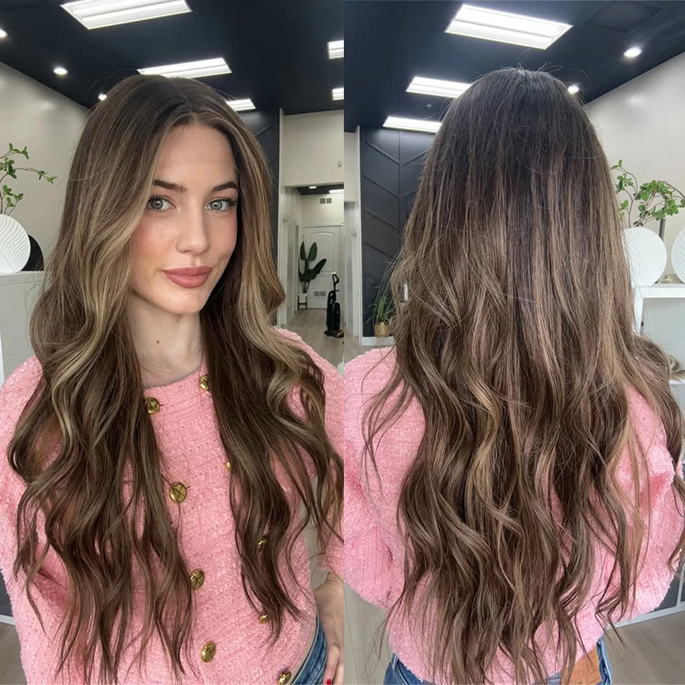 

Парик с кружевной передней частью, темно-каштановый с коричневыми прядями, волнистый, из синтетических волос, 13x4, естественный вид, термостойкое волокно, подарок для девушек