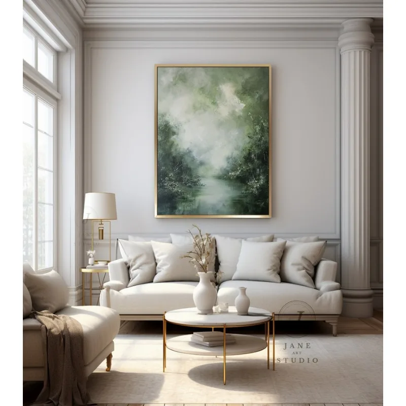 100% Hand Original Oil Painting on Canvas, Green Noframed Abstract Painting Blue Painting Canvas Art for Living Room Decortive